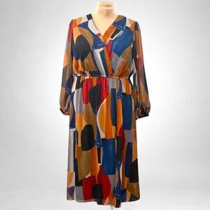 SIGNATURE By Robbie Bee Plus Size Printed Faux-Wrap Long-Sleeve Dress, NWT! 16W